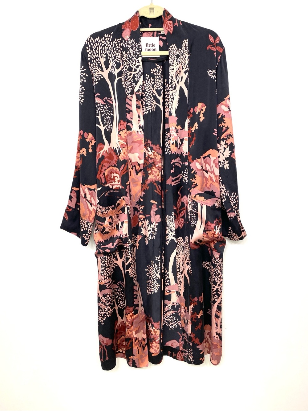 Little Moon 100% Silk Kimono Robe Black Pink Botanical Landscape S Aritzia